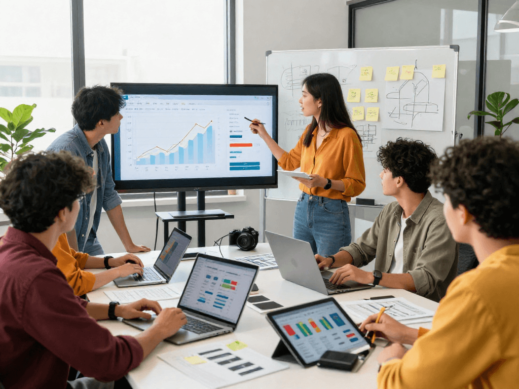 Purchase app installs while marketing team collaborates on strategy in a vibrant office.