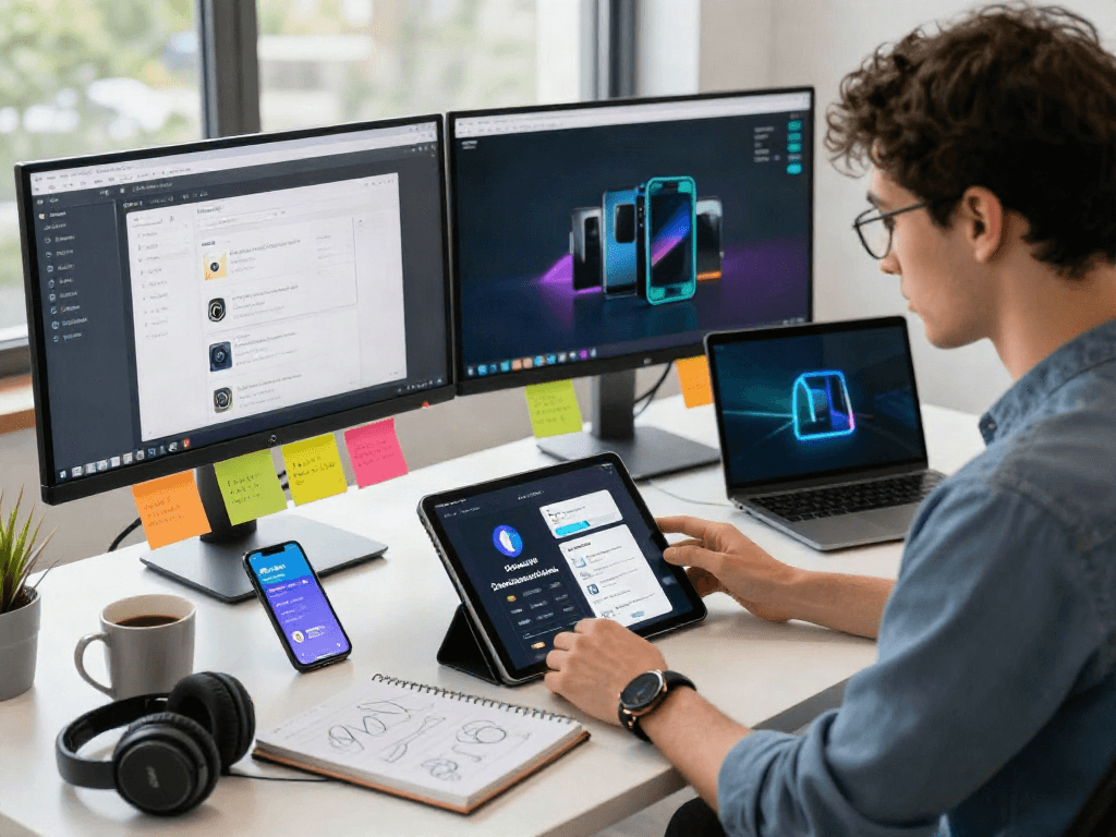Moviebox app download in a vibrant digital workspace with a tech-savvy individual using a tablet.