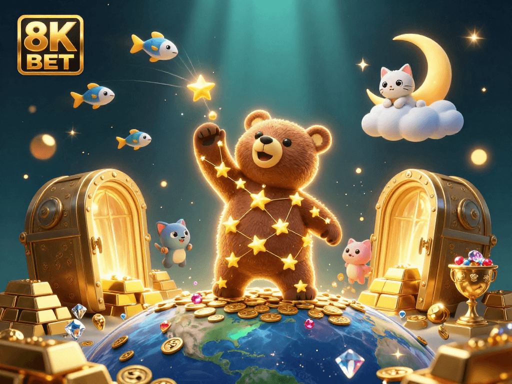 8K BET gaming experience featuring a constellation bear scooping up coins surrounded by treasures and dynamic game elements.
