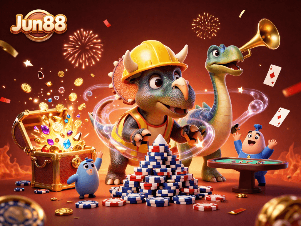 Experience an exciting gaming atmosphere at Jun88 with a lively scene of a triceratops building poker chips.