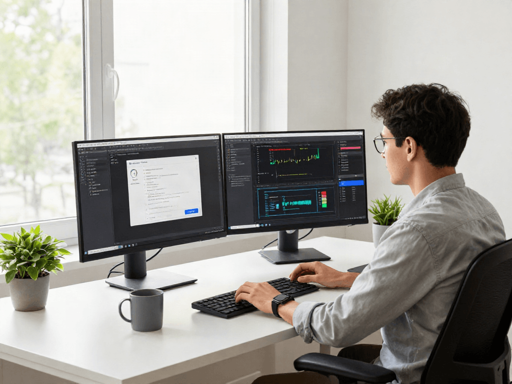 Workspace teknologi dengan individu mengunduh cepat melalui tampilan layar, menciptakan suasana produktif dan inovatif pada tahun 2026.
