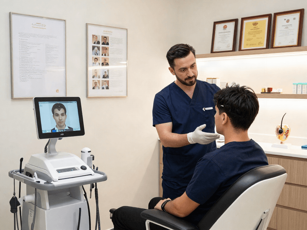 Patient consultation at a hair transplant istanbul clinic, showcasing professional environment and advanced technology.