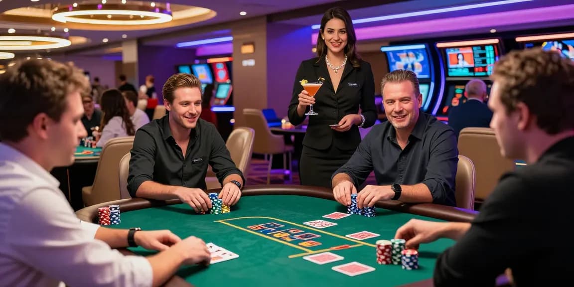 Excited players at a poker table showcasing strategies for lucky77 in a vibrant casino.