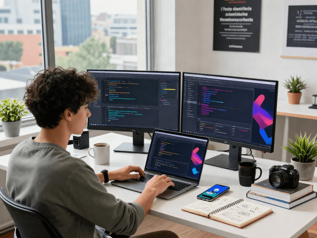 Software developer coding the pikashow app download interface in a bright office setting with tech gadgets and vibrant city views.