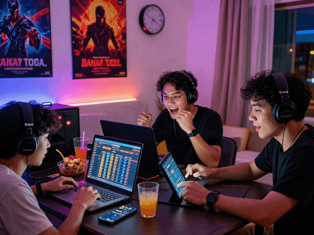 Engaged players enjoying bandar togel online in a cozy living room setup with gaming devices.