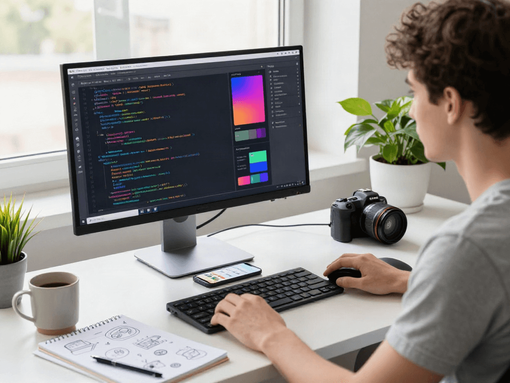 Developer coding in gbwhatsapp app workspace with modern tech setup
