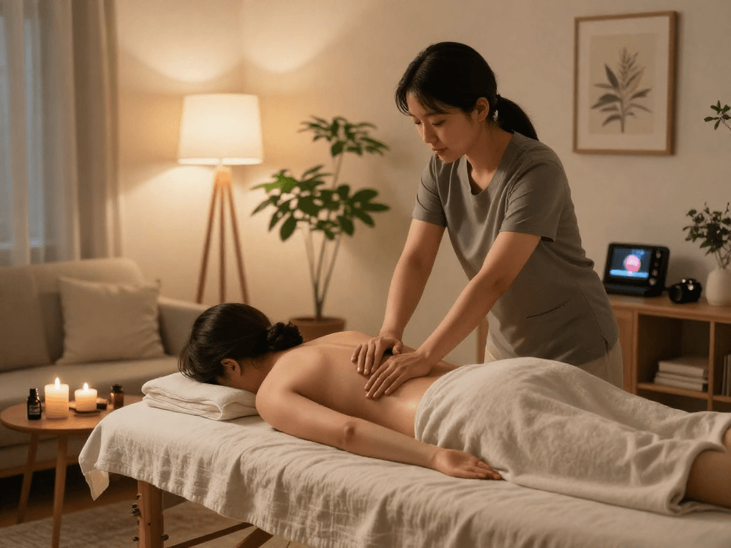 Relaxing 강서구출장안마 home massage scene with therapist and client
