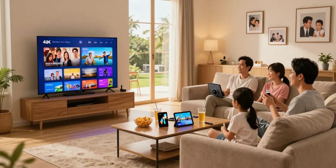 Gezin geniet van iptv met abonnement in een moderne woonkamer, samen kijkend naar 4K-inhoud.