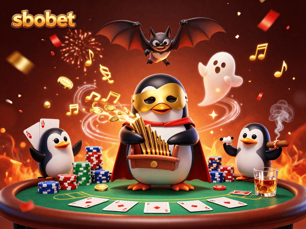 SBOBET sports betting excitement with a penguin-themed illustration showcasing golden coins and poker elements.
