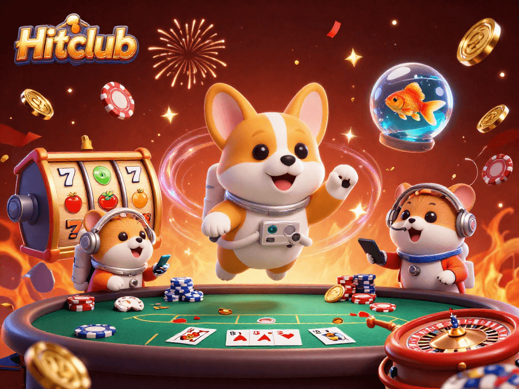 Hitclub offers thrilling slot action featuring a playful corgi astronaut in a vibrant casino scene.