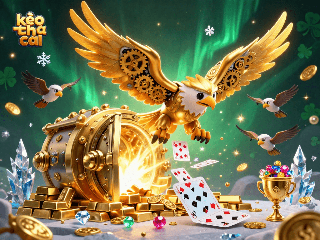 Experience kèo nhà cái glamorously with a golden eagle diving through casino treasures.