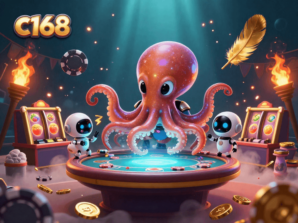 c168 Poker Adventure: 3D octopus at a holographic table amidst swirling casino elements.