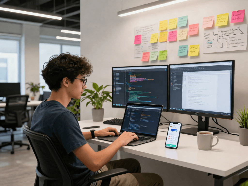 Engaging workspace for pikashow apk download development, showcasing app coding and design processes in a modern office.