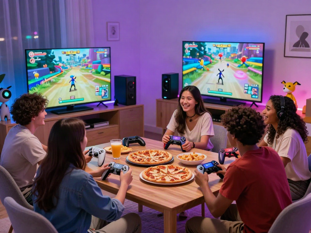 Exciting gaming night with friends playing porngames in vibrant living room with snacks.