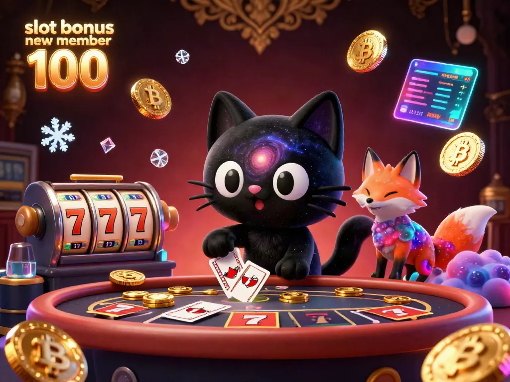 Engaging scene showcasing the slot bonus new member 100 with a cartoon galaxy cat and colorful fox at a cosmic casino.