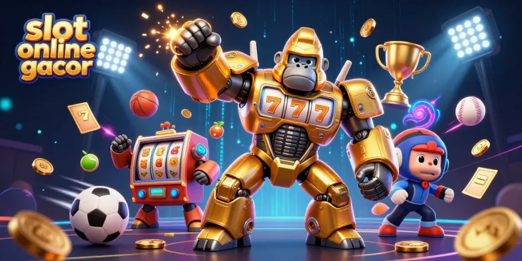 Experience thrilling gameplay with slot online gacor in a vibrant 3D illustration featuring a golden gorilla mech.
