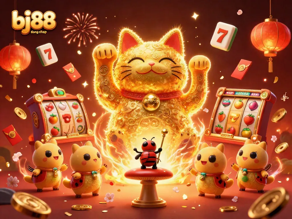 Experience the thrill of bj88 dang nhap with a vibrant illustration of a lucky cat surrounded by joyful casino elements.