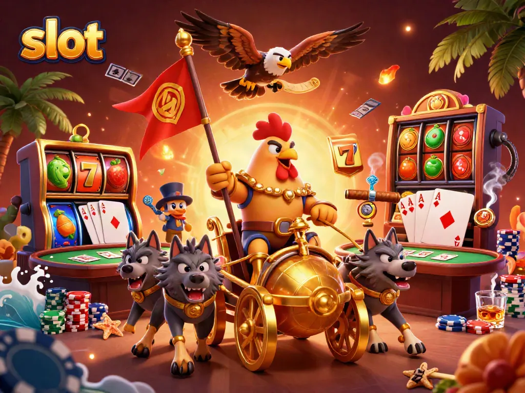 Slot mesin dalam ilustrasi penuh warna dan detail memukau, menampilkan karakter kartun unik dan elemen kasino.