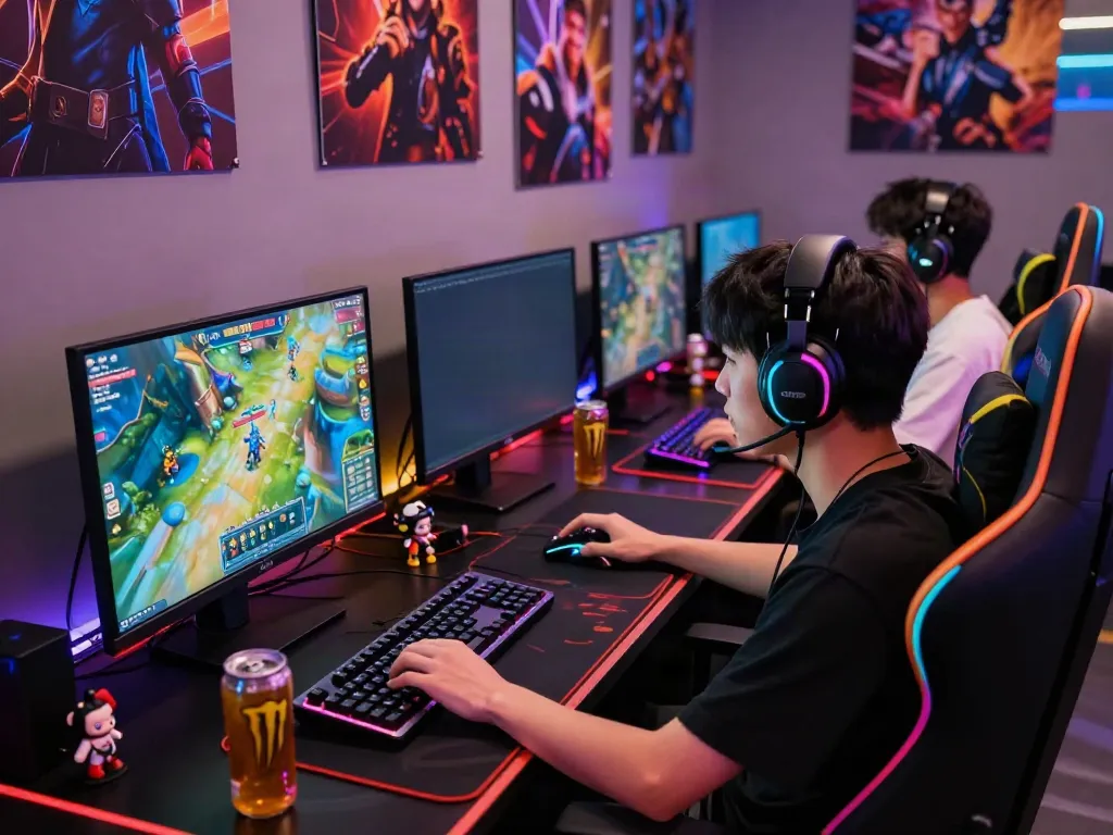 Exciting QQ gaming setup with vibrant graphics, player in headset, and immersive atmosphere.