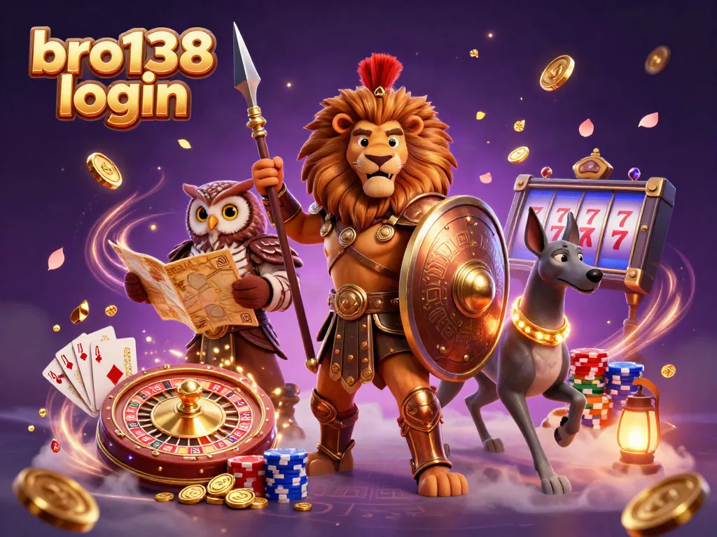 Experience the excitement of bro138 login with a vibrant 3D casino scene featuring a Spartan lion, owl strategist, and greyhound messenger.
