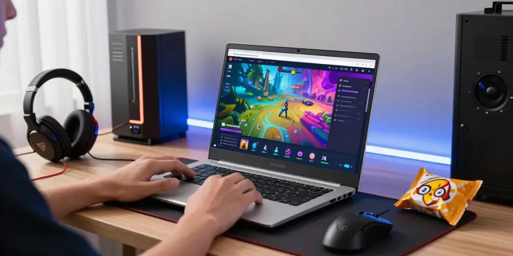 Engaging Singatoto login scene with vibrant gaming graphics and accessories.