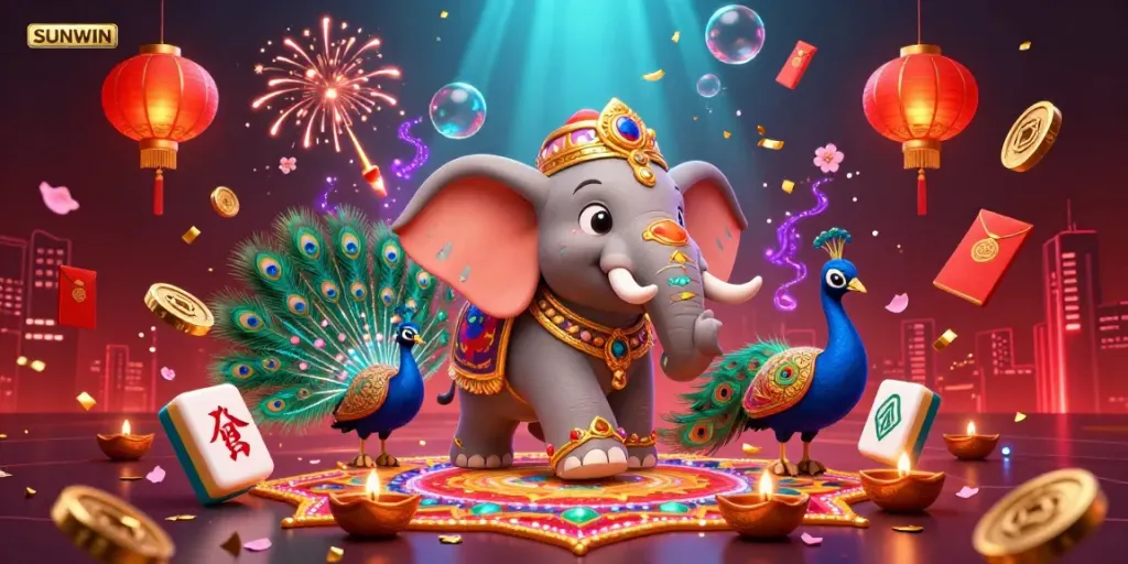SUNWIN brings casino excitement to life with a vibrant, festive gaming scene featuring an ornate elephant and a peacock among glowing decorations.
