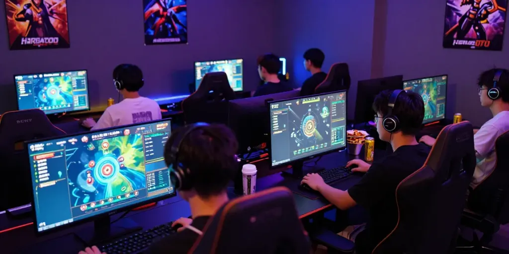 Hargatoto online gaming scene with players engaged, vibrant atmosphere.