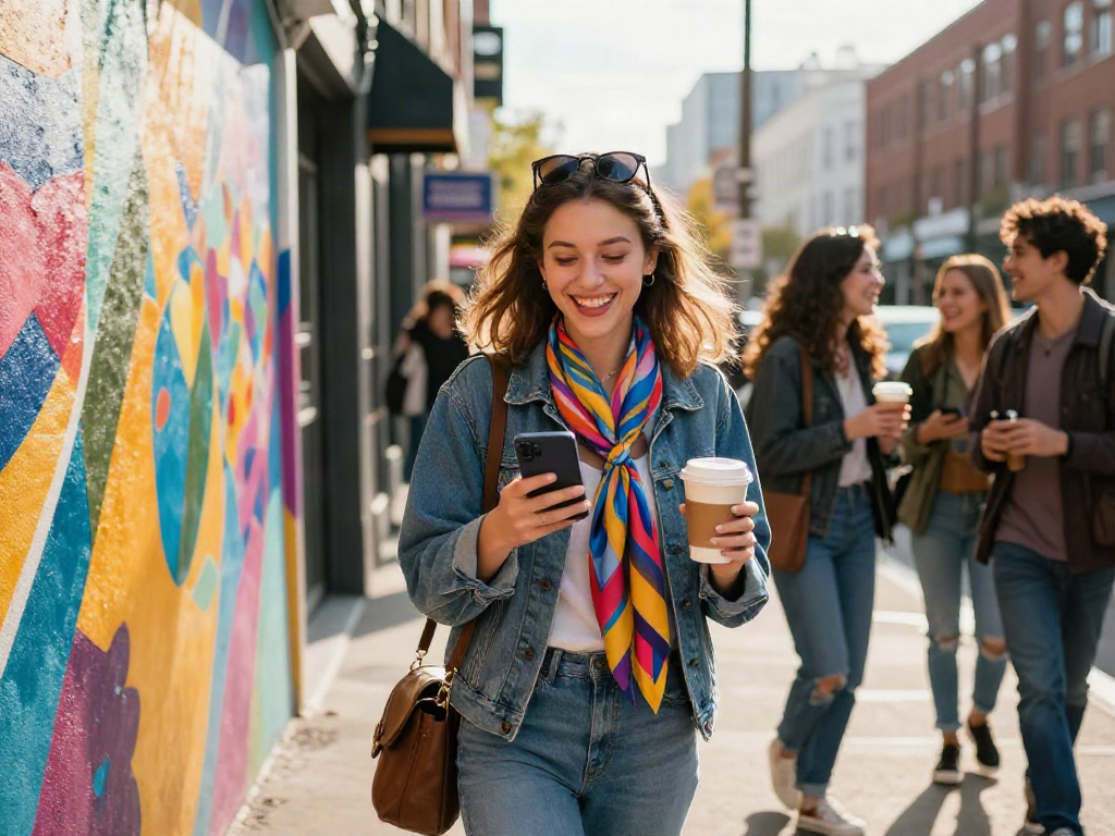 Urban scene showing a young woman using a smartphone to discover how old do i look, surrounded by friends in a lively street.