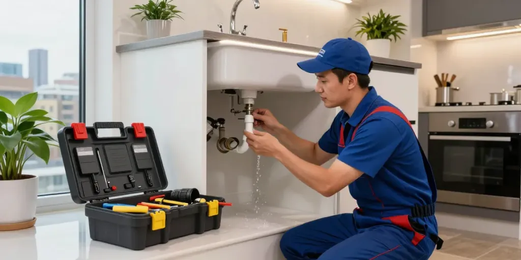 Plumber London working on kitchen sink pipes with tools, showcasing professional service.