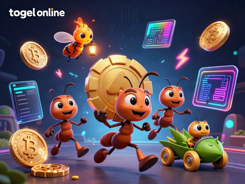 Engage in thrilling togel online adventures with cartoon ants heisting a giant poker chip, featuring vibrant casino graphics.