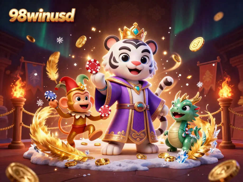 Experience vibrant gaming action with 98winusd's lively characters and elements surrounding them in a thrilling casino setting.