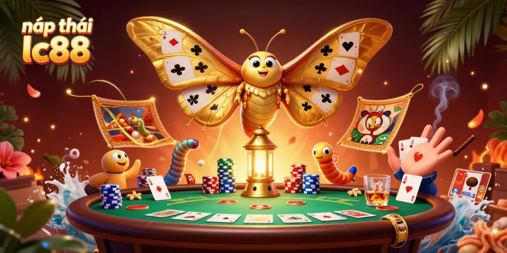 Nạp tiền lc88 with an intricate 3D scene featuring casino elements and a majestic moth illustration