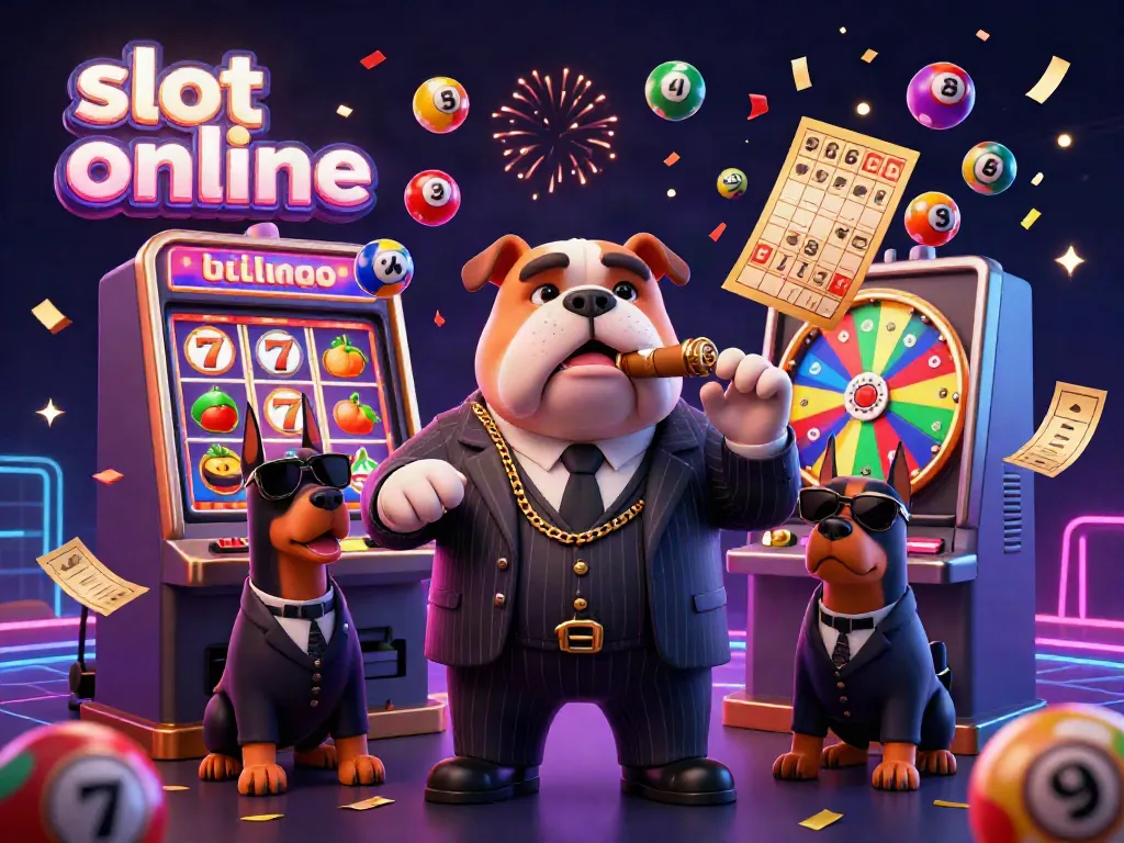 Experience thrilling slot online action in a vibrant 3D scene featuring a mafia bulldog and his bodyguards amidst colorful game elements.