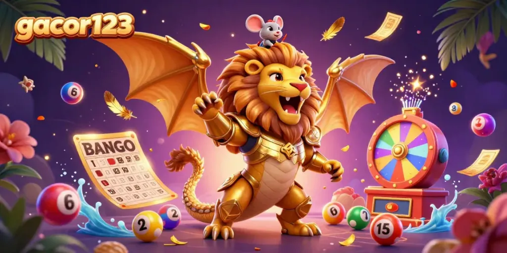 Experience gacor123 excitement with a roaring chimera, dynamic lottery elements, and vibrant casino imagery.