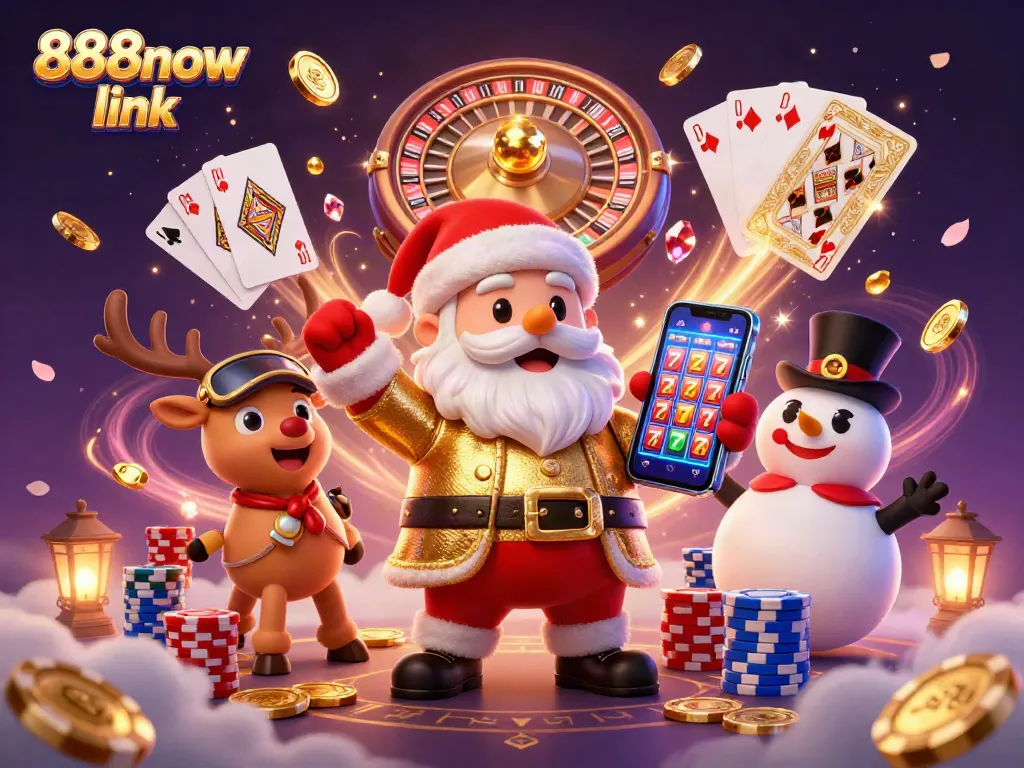 Dive into fun with 888now link, featuring Santa and friends enjoying slots and casino thrills.