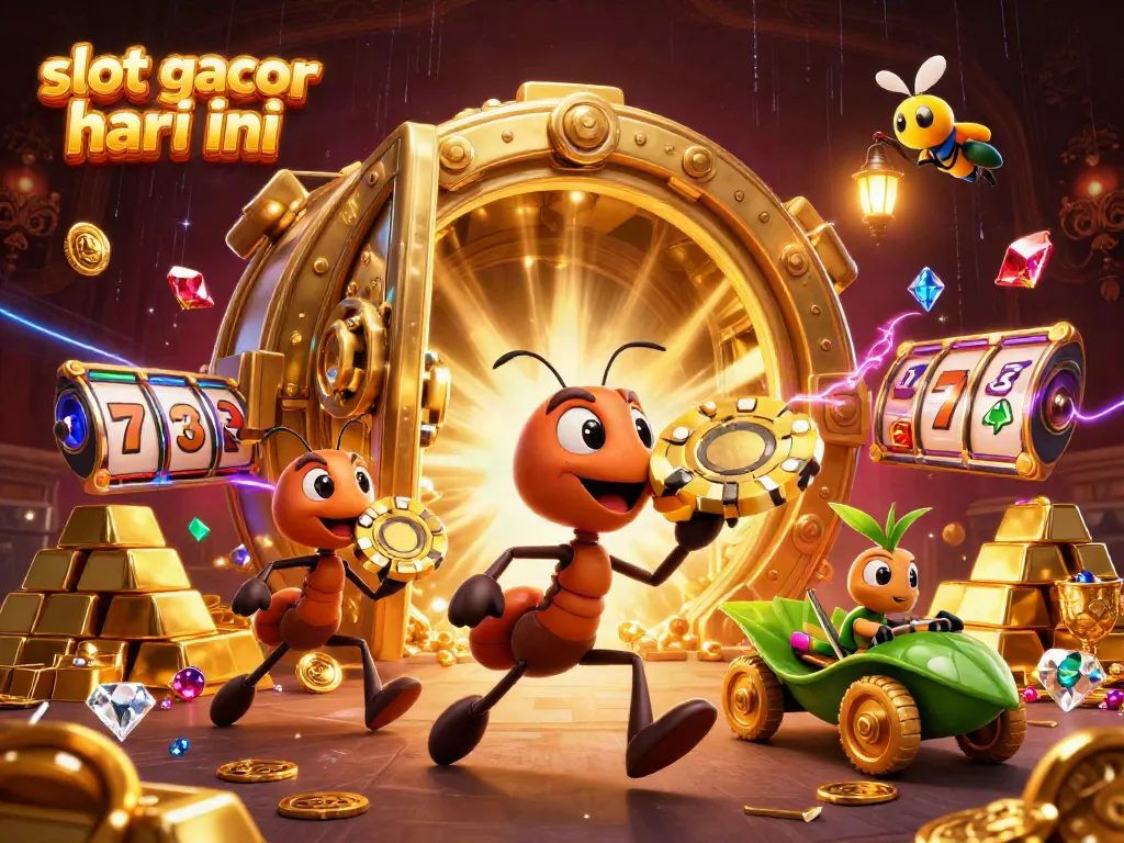 Experience the excitement of slot gacor hari ini with a whimsical heist scene involving ants and treasures.