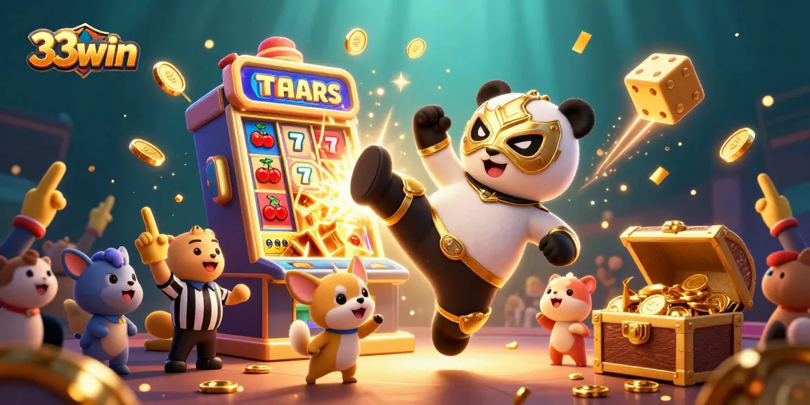 Join 33win's thrilling experience with a panda wrestler, jackpot slots, and excited fans!