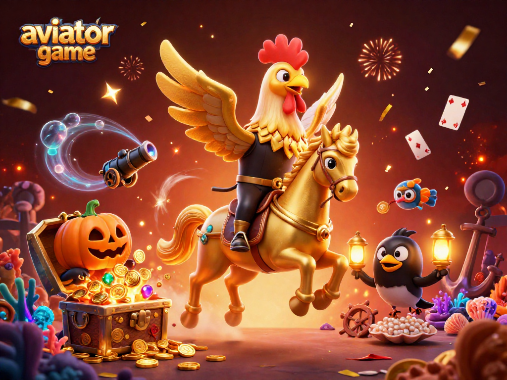 Experience the thrill of the aviator game with vibrant 3D casino characters amidst dynamic golden treasure.
