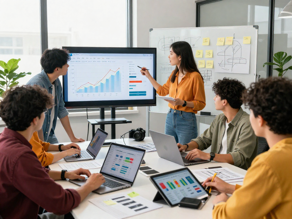 Purchase app installs while marketing team collaborates on strategy in a vibrant office.