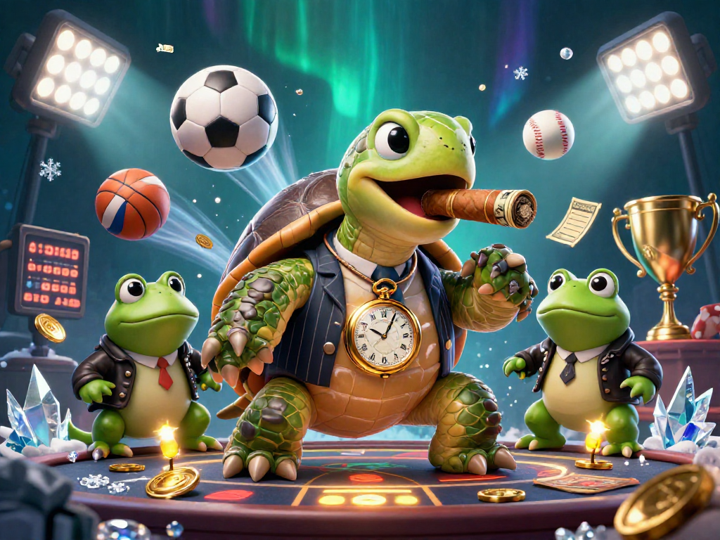 Experience exhilarating gaming action with cm88, showcasing a unique turtle mobster surrounded by dynamic sports elements.