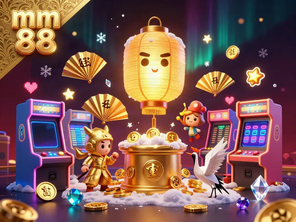 Engage with the vibrant atmosphere of mm 88 casino, where a luminous golden lantern spirit hovers above arcade games amidst dynamic lucky symbols.