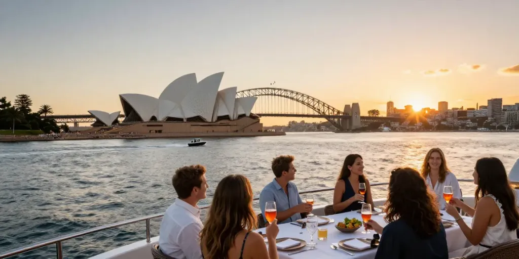 Rent a yacht Sydney on a luxury vessel cruising Sydney Harbour at sunset.