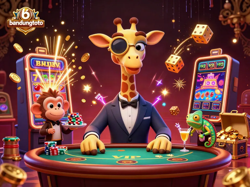 Experience the excitement of bandungtoto with a vibrant online casino scene showcasing games and characters.