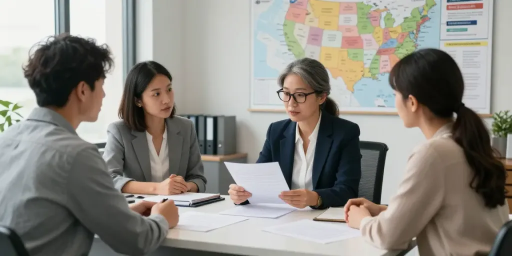 Expert immigration lawyer consulting with a couple about free immigration lawyer options in a modern office.