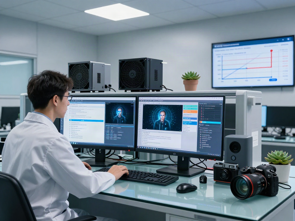 Advanced AI image detection technology used by a data scientist analyzing AI-generated visuals in a modern lab.