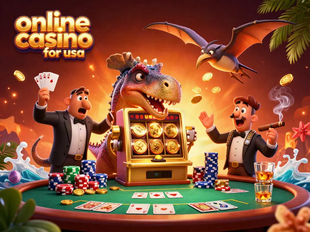 Experience the excitement of an online casino for USA with a playful 3D scene of animated dinosaurs winning jackpots.