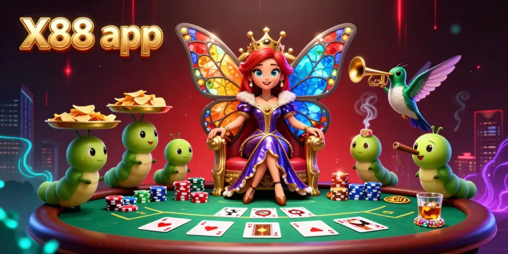 Experience the thrill and excitement of the X88 app with a colorful and engaging casino scene filled with poker elements.