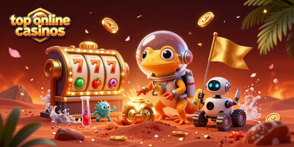 Exciting 3D scene featuring Martian gecko exploring top online casinos amidst slot reels and festive decorations.