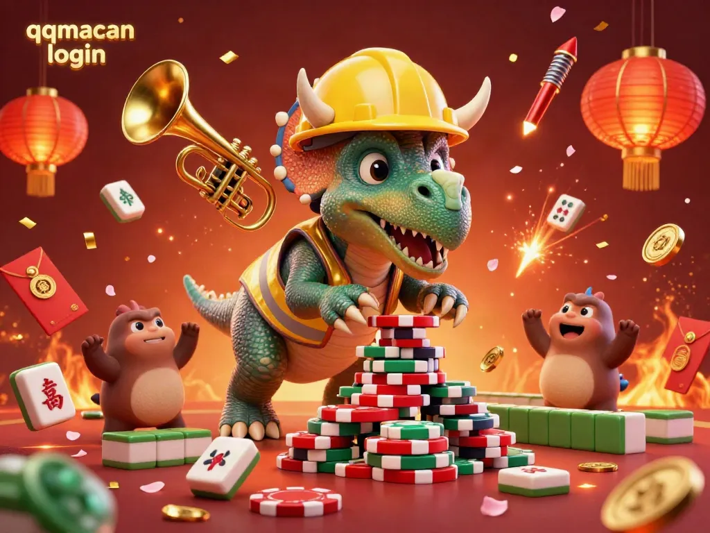 Engage with "qqmacan login" in a vibrant 3D casino scene filled with poker chips and celebration.