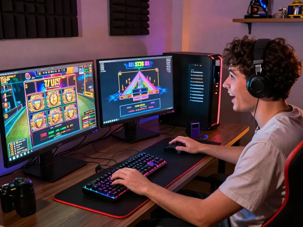 Exciting online gaming setup with a player engaged in slot777 games, showcasing vibrant graphics and gaming accessories.